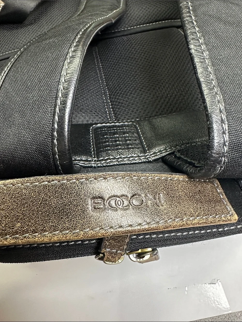 Boconi Black Leather City Backpack, Laptop Case, Travel Bag, Zippered Storage